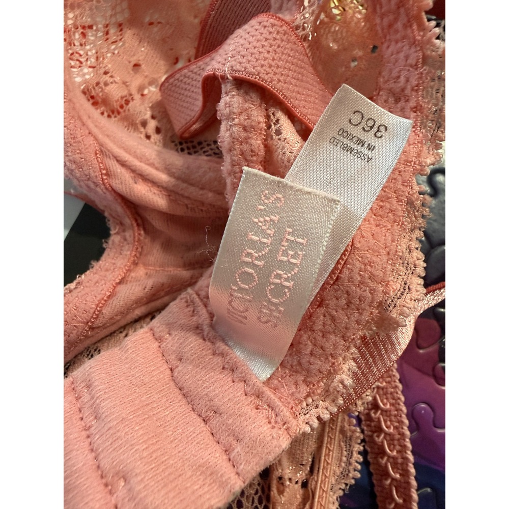 Victoria's Secret Pink Floral Lace Unlined Demi Bra 36C Coral Underwire Sheer - Picture 4 of 5